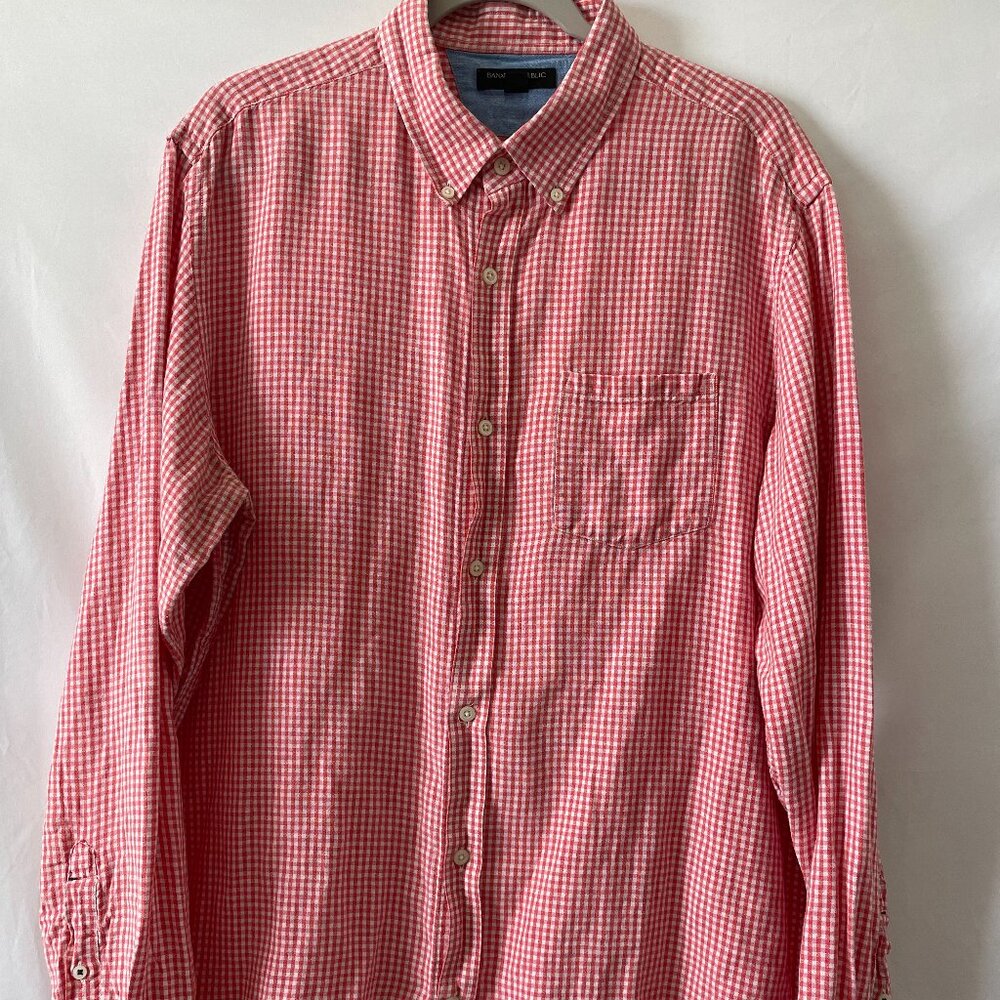 Banana Republic Mens Red White Check Slim Fit Button Down Collared Shirt Size XL